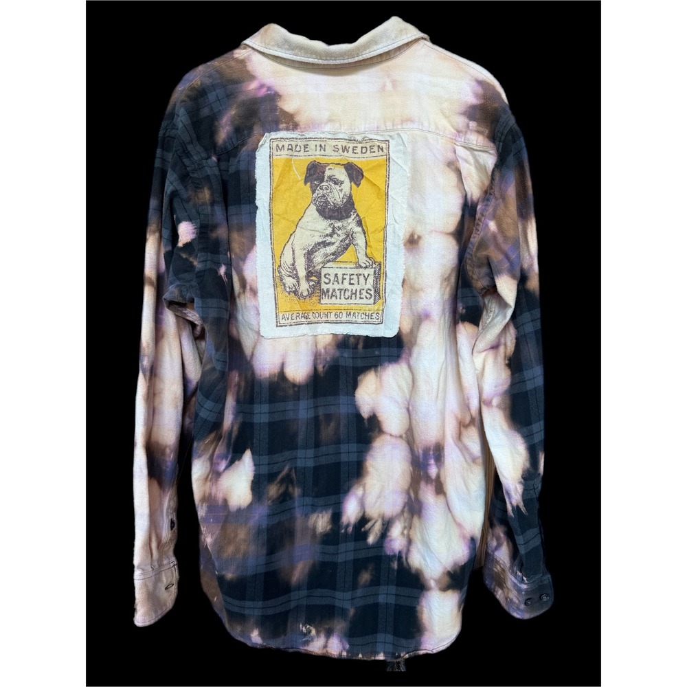 Upcycled Bleach Plaid Shirt Large Bulldog Matchbook Graphic One of a Kind